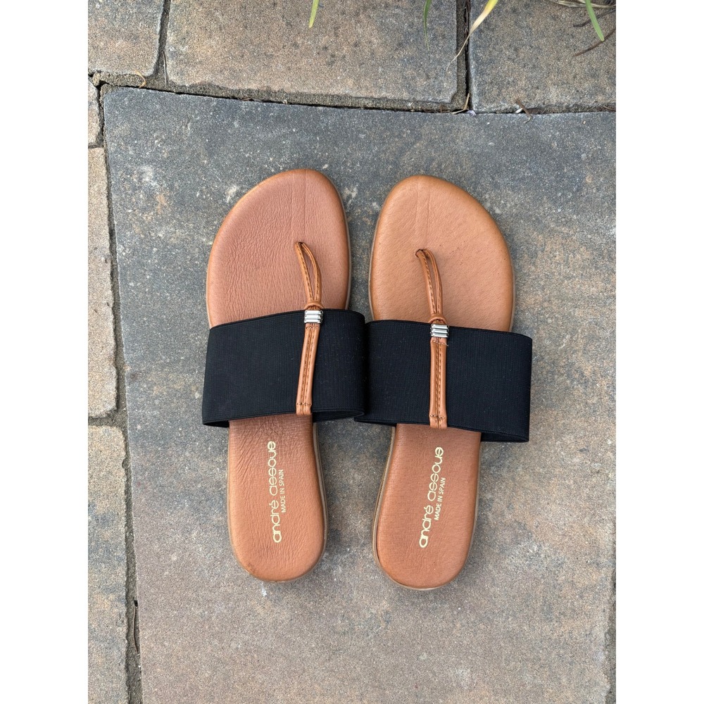 Andre Assous Womens Elastic Thong Slide Sandals Black Tan Made in Spain Size 9 - Picture 6 of 7